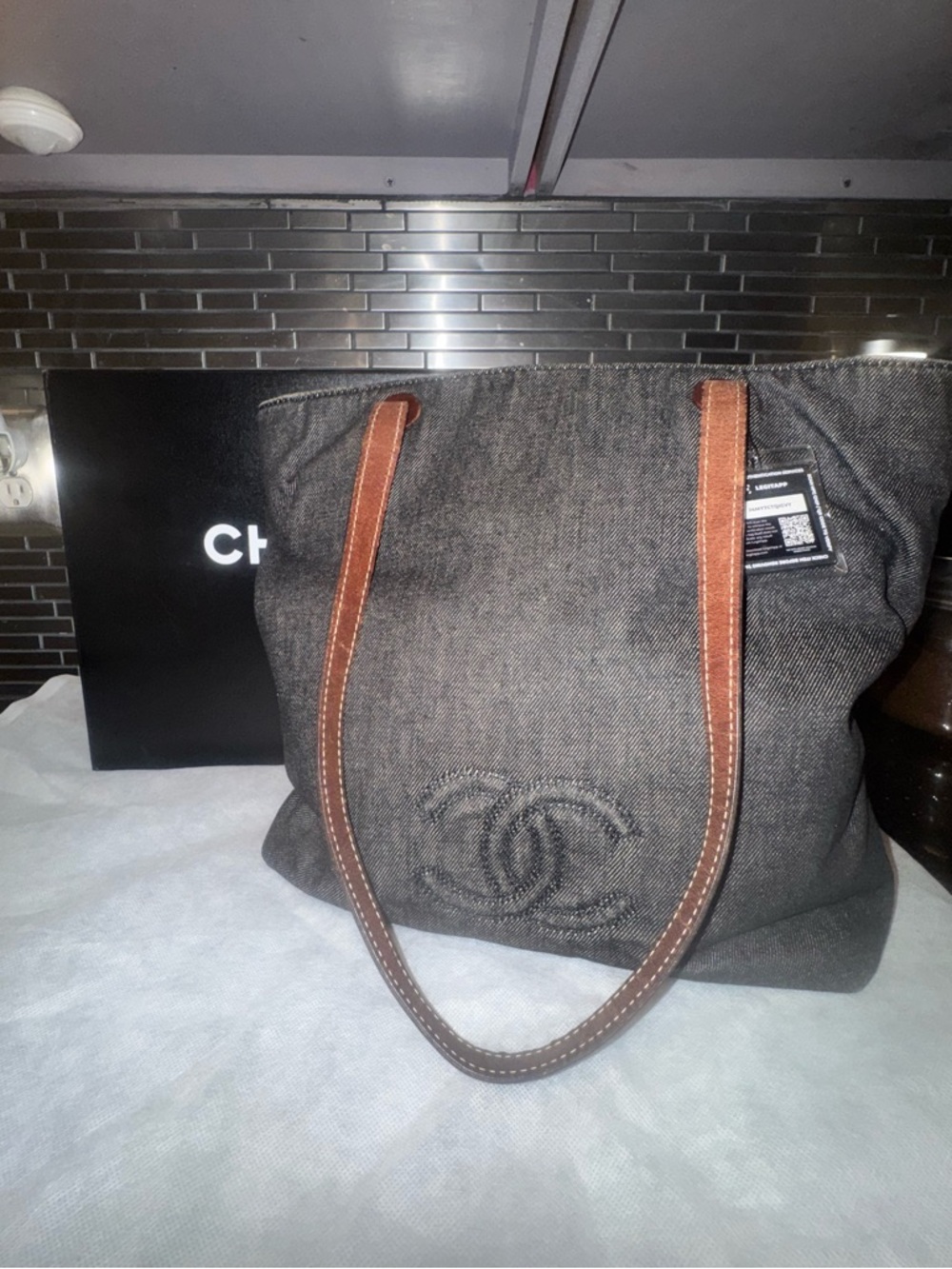 CHANEL Dark Gray Denim Tote with Brown Leather Straps
